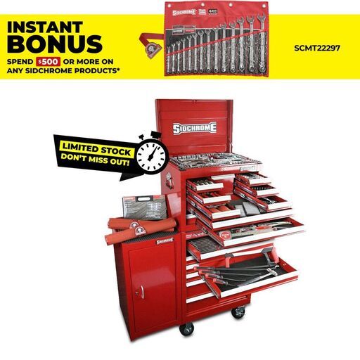 Sidchrome SCMT11402 356pce Metric & AF 7 Drawer Tool Kit Roll Cab, 10 Drawer Top Chest & Side Cab