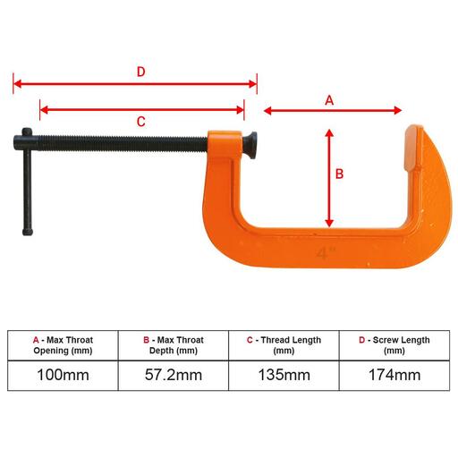 Techsmart T4GC14 4pce 25mm-100mm General Purpose G-Clamp Set – image 4