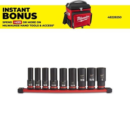 Milwaukee 49667022 Shockwave 1/2" Drive 9pce SAE Deep 6 Point Impact Socket Rail Set