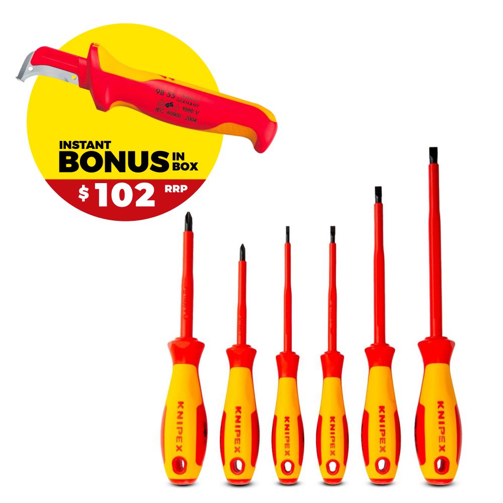 Knipex KBP102 6pce 1000V VDE Screwdriver Set with BONUS 155mm Striping Cable Knife – image 1