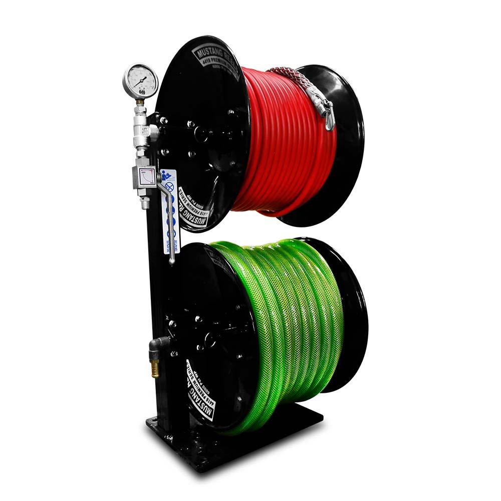 Mustang Nozzles ST-DSC516 60m x 5/16" Red and 35m x 3/4" Green Double Stacker Hose Reel With Hose – image 1