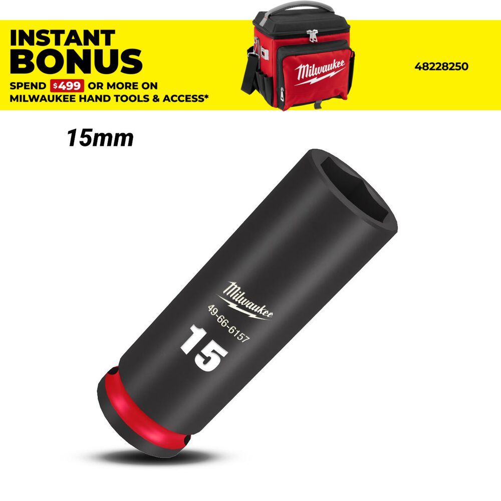 Milwaukee 49666157 15mm 3/8" Drive Shockwave Metric Deep 6 Point Impact Socket – image 1