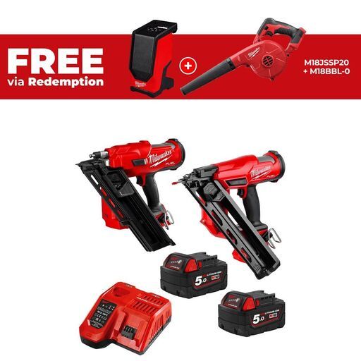 Milwaukee M18FPP2FN-502B 18V 5.0Ah Li-ion Cordless Brushless Fuel 2pce Framing & Finishing Nailer Combo Kit Power Pack