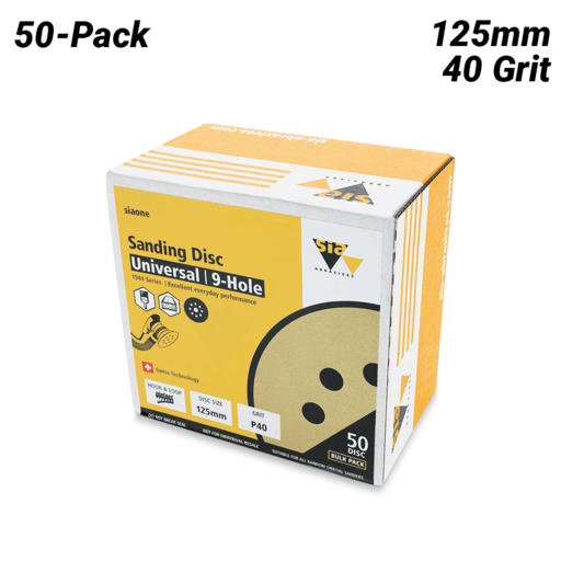 Sia Abrasives F03E02DD35 50-Pack 125mm 40 Grit Universal 9-Hole Hook & Loop Sanding Disc – image 2