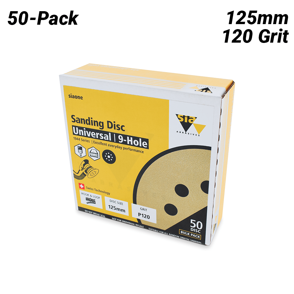 Sia Abrasives F03E02DD38 50-Pack 125mm 120 Grit Universal 9-Hole Hook & Loop Sanding Disc – image 2
