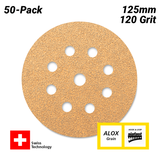Sia Abrasives F03E02DD38 50-Pack 125mm 120 Grit Universal 9-Hole Hook & Loop Sanding Disc