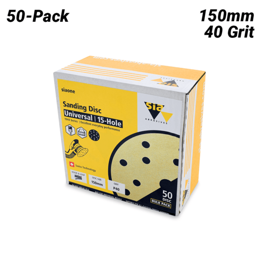 Sia Abrasives F03E02DD2X 50-Pack 150mm 40 Grit Universal 15-Hole Hook & Loop Sanding Disc – image 2