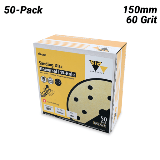 Sia Abrasives F03E02DD2Y 50-Pack 150mm 60 Grit Universal 15-Hole Hook & Loop Sanding Disc – image 2