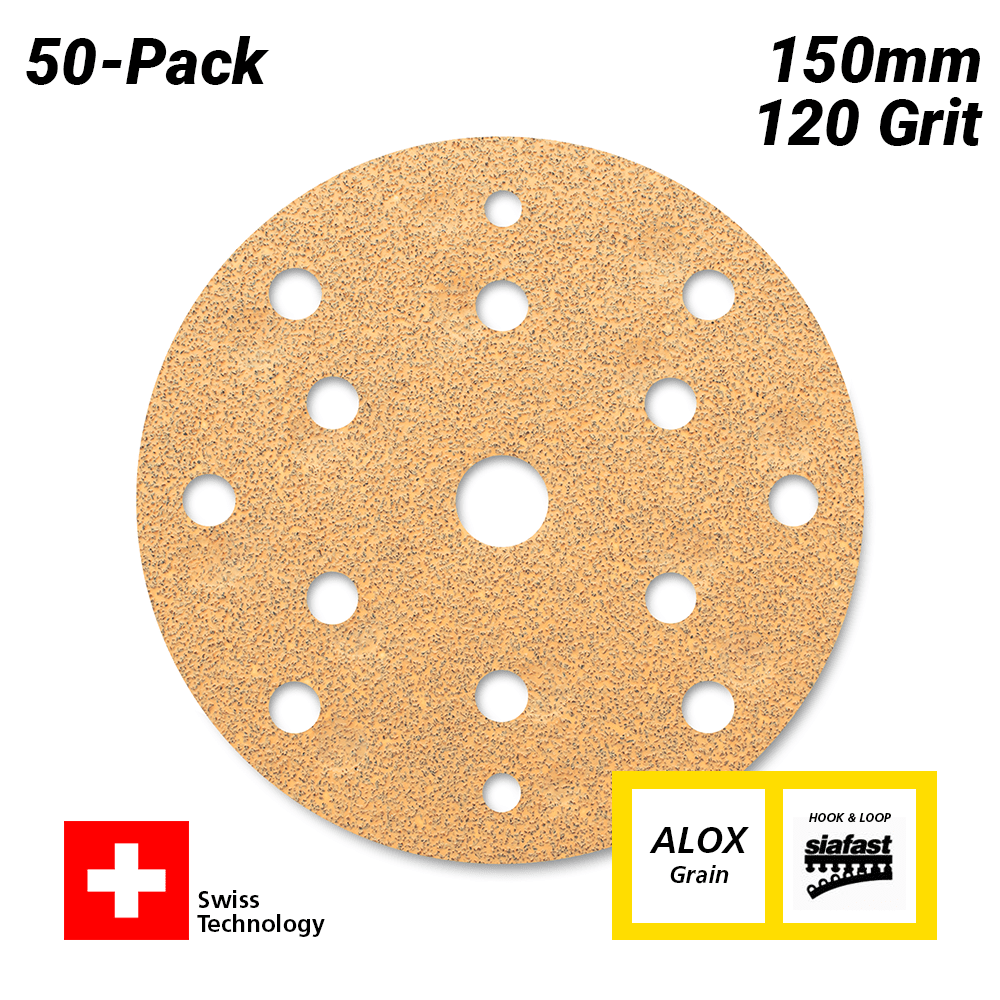 Sia Abrasives F03E02DD30 50-Pack 150mm 120 Grit Universal 15-Hole Hook & Loop Sanding Disc – image 1