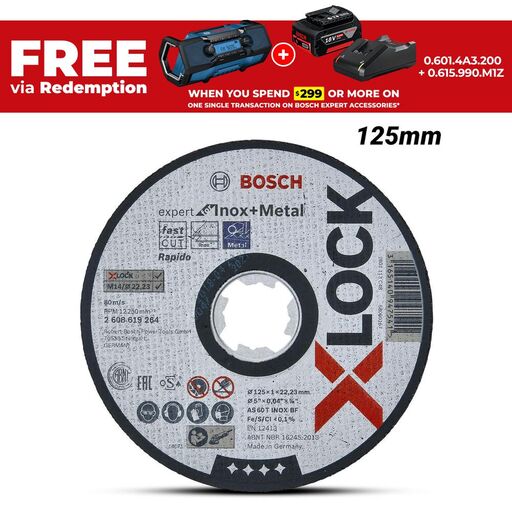 Bosch X-LOCK EXPERT >INOX (2.608.619.264) 125mm x 1.0mm x 22.23mm Straight Inox+Metal Cut Off Disc