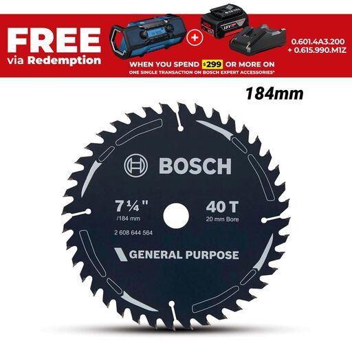 Bosch GP WOOD H 184X20-40 (2.608.644.564) EXPERT 184mm (7") 40T General Purpose Wood Circular Saw Blade