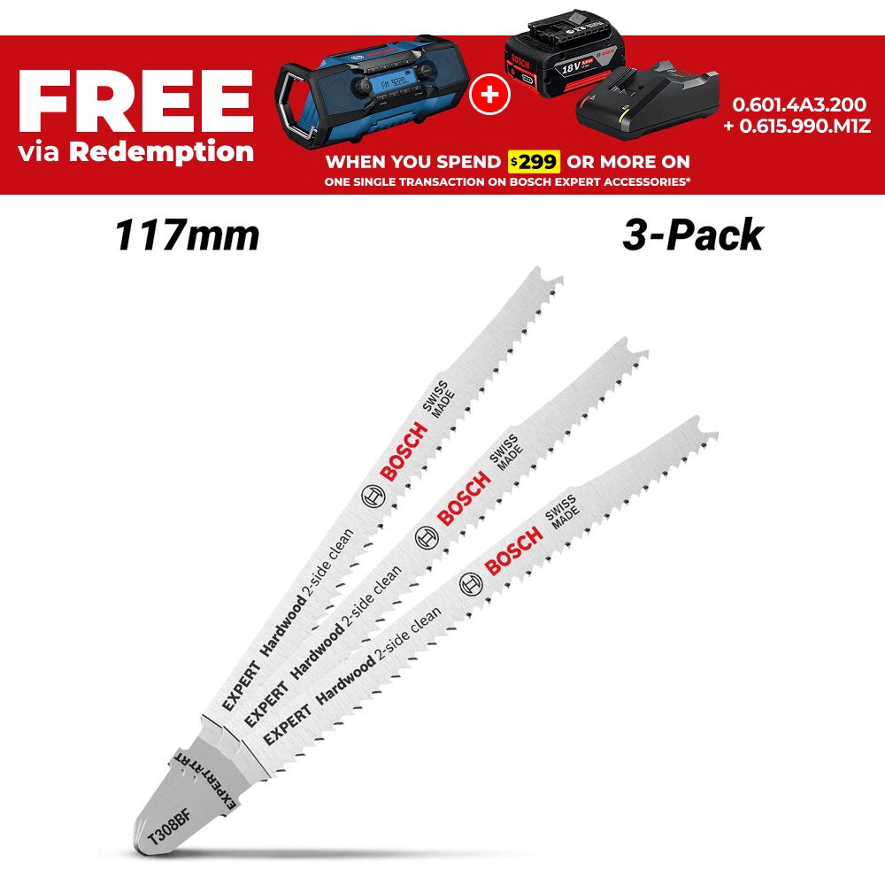 Bosch 2.608.900.543 EXPERT 3-Pack 117mm 13TPI T308BF 2-Side Clean Hardwood Jigsaw Blades – image 1