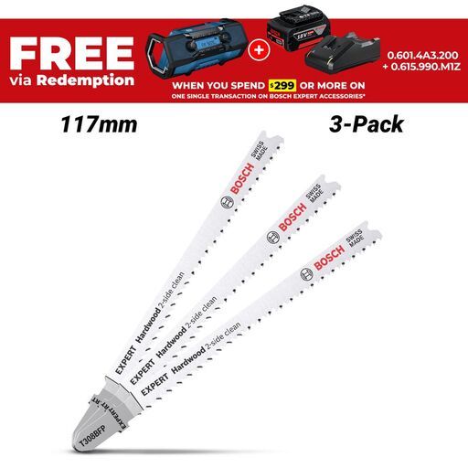Bosch 2.608.900.547 EXPERT 3-Pack 117mm 13TPI T308BFP 2-Side Clean Hardwood Jigsaw Blades