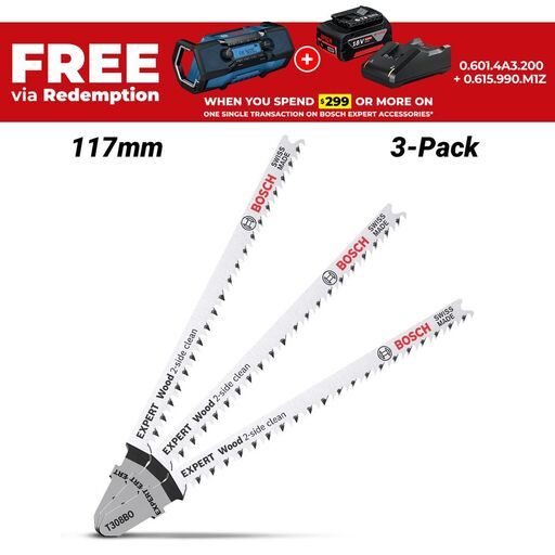 Bosch 2.608.900.554 EXPERT 3-Pack 117mm 12TPI T308BO 2-Side Clean Wood Jigsaw Blades