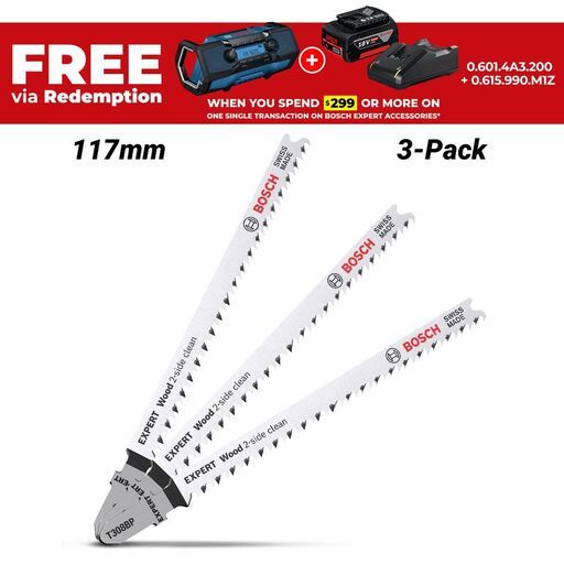 Bosch 2.608.900.557 EXPERT 3-Pack 117mm 12TPI T308BP 2-Side Clean Wood Jigsaw Blades