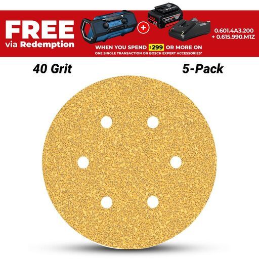 Bosch 2.608.900.813 EXPERT 5-Pack 150mm (6”) 40 Grit C470 Sandpaper Sanding Disc