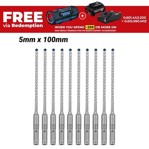 Bosch 2.608.900.158 EXPERT 10-Pack 5mm x 100mm x 165mm SDS Plus-7X Hammer Drill Bits