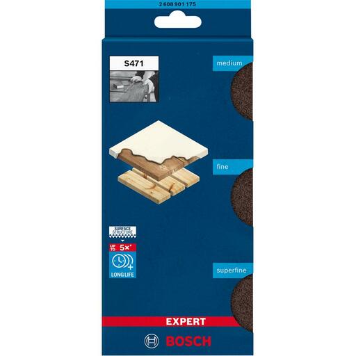 Bosch 2.608.901.175 EXPERT 3-Pack 69mm x 97mm x 26mm Medium, Fine & Superfine S471 Standard Sanding Blocks – image 7