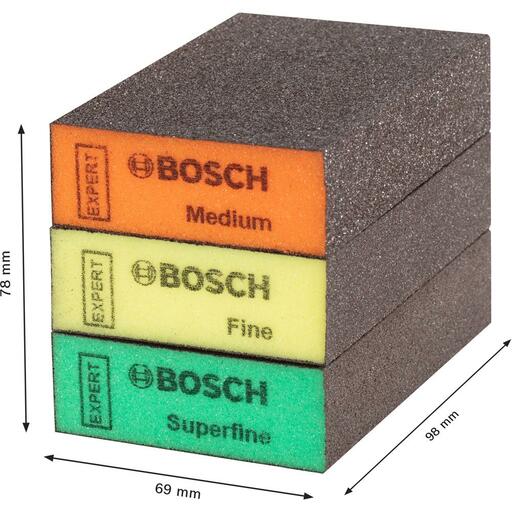 Bosch 2.608.901.175 EXPERT 3-Pack 69mm x 97mm x 26mm Medium, Fine & Superfine S471 Standard Sanding Blocks – image 5