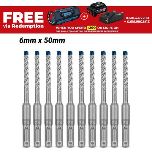 Bosch 2.608.900.159 EXPERT 10-Pack 6mm x 50mm x 115mm SDS Plus-7X Hammer Drill Bits