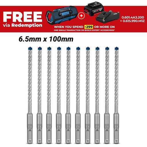 Bosch 2.608.900.163 EXPERT 10-Pack 6.5mm x 100mm x 165mm SDS Plus-7X Hammer Drill Bits
