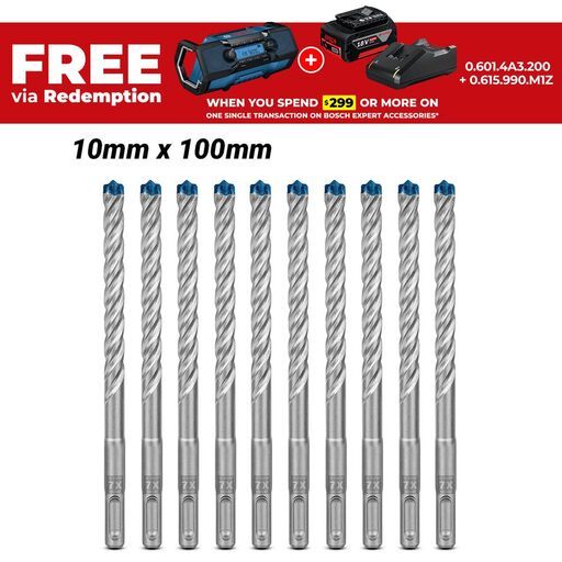 Bosch 2.608.900.170 EXPERT 10-Pack 10mm x 100mm x 165mm SDS Plus-7X Hammer Drill Bits