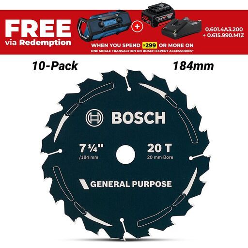 Bosch 2.608.644.585 EXPERT 10-Pack 184mm (7-1/4") 20T General Purpose Circular Saw Blades