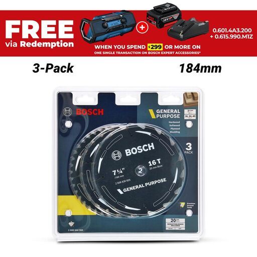 Bosch GP WOOD H 184X20-16 (2.608.644.584) EXPERT 3-Pack 184mm (7-1/4") 16T, 24T & 40T General Purpose Circular Saw Blades