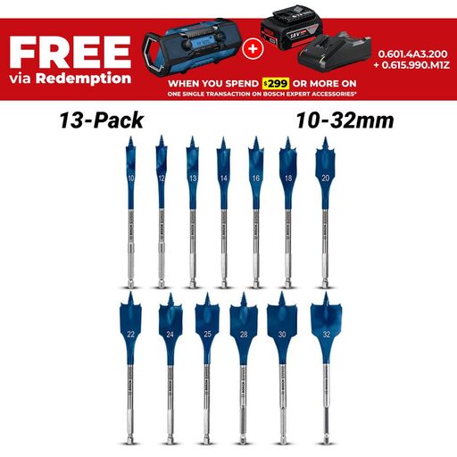Bosch 2.608.900.336 EXPERT 13pce 10mm-32mm Self Cut Speed Spade Drill Bit Set