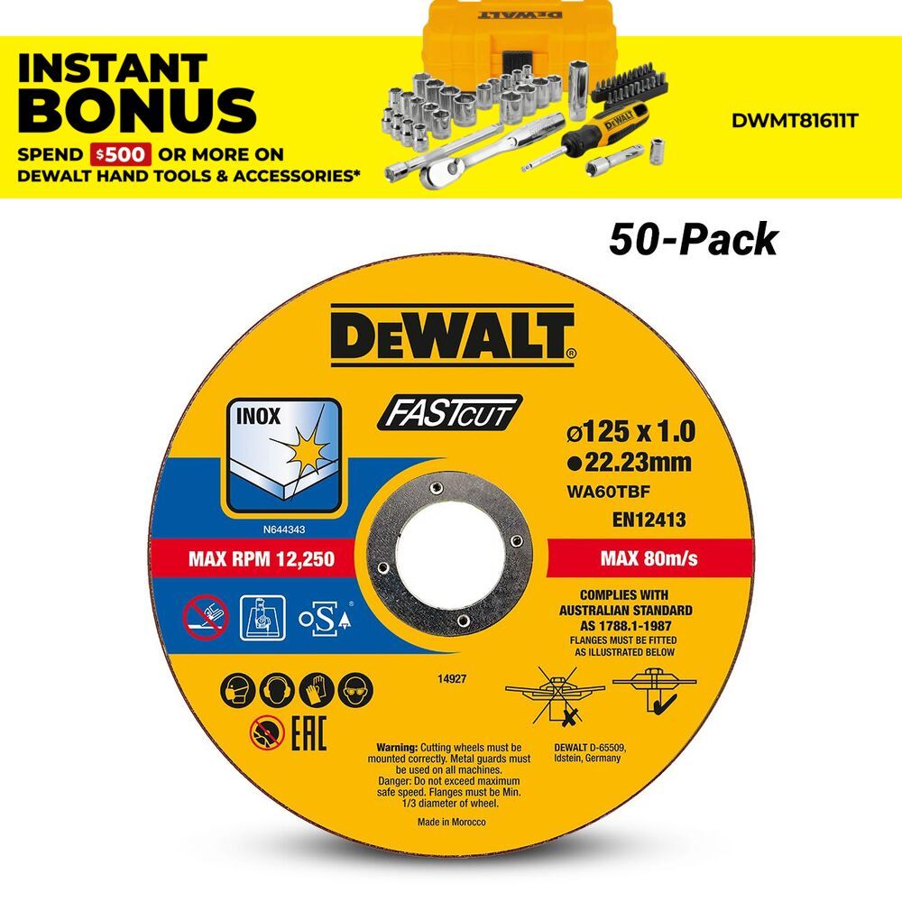 DeWalt DT20598-QZ 50-Pack 125mm x 1mm x 22.23mm High Performance FASTCUT Thin Bonded Discs – image 1
