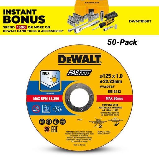 DeWalt DT20598-QZ 50-Pack 125mm x 1mm x 22.23mm High Performance FASTCUT Thin Bonded Discs
