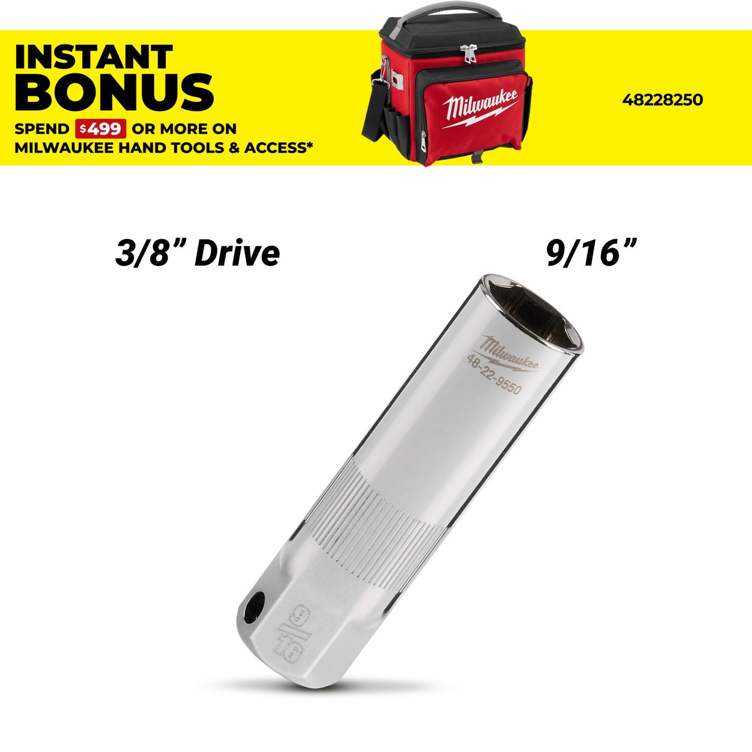 Milwaukee 48229550 3/8" Drive 9/16" 6 Point Spark Plug Socket – image 1