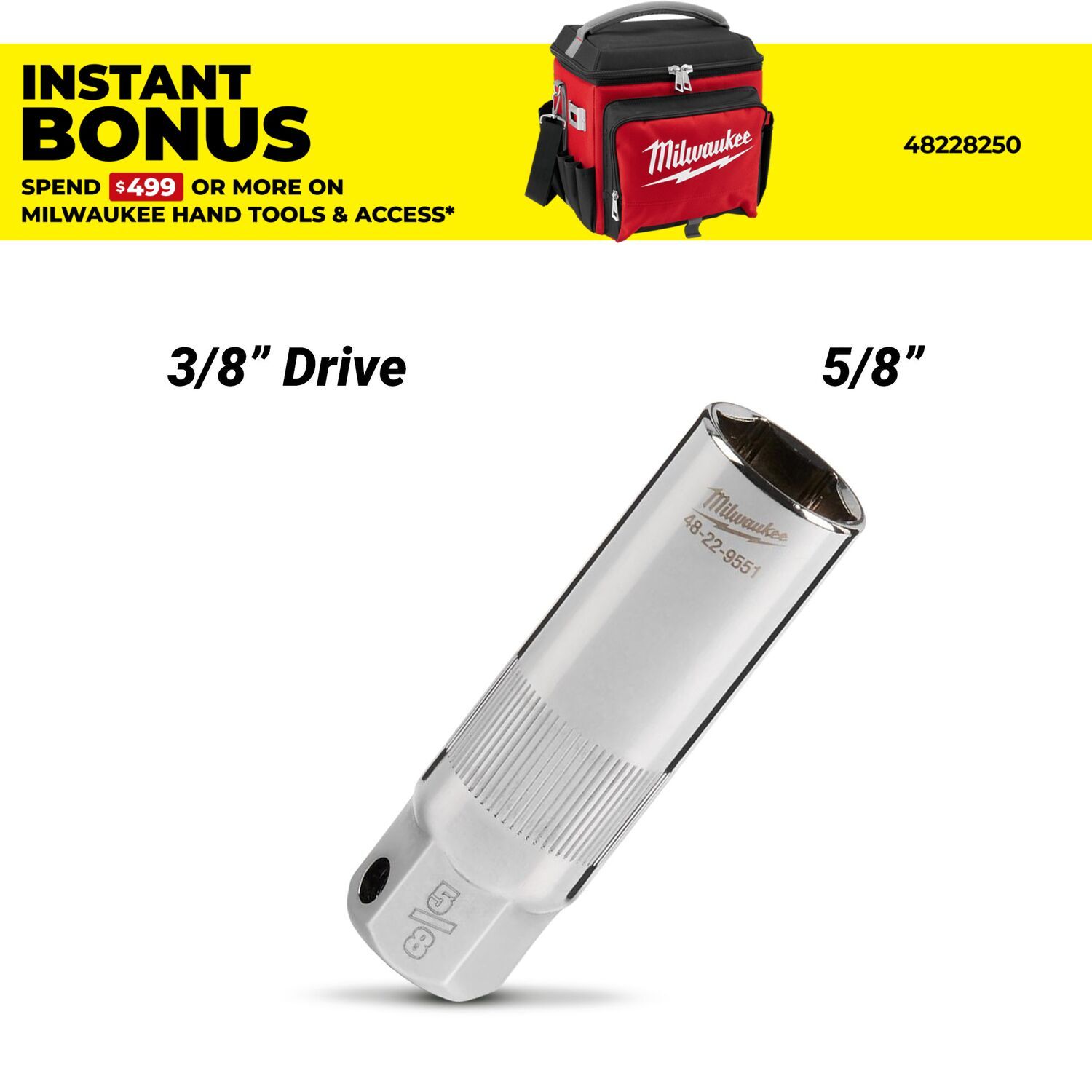 Milwaukee 48229551​ 3/8” Drive 5/8” 6 Point Spark Plug Socket – image 1