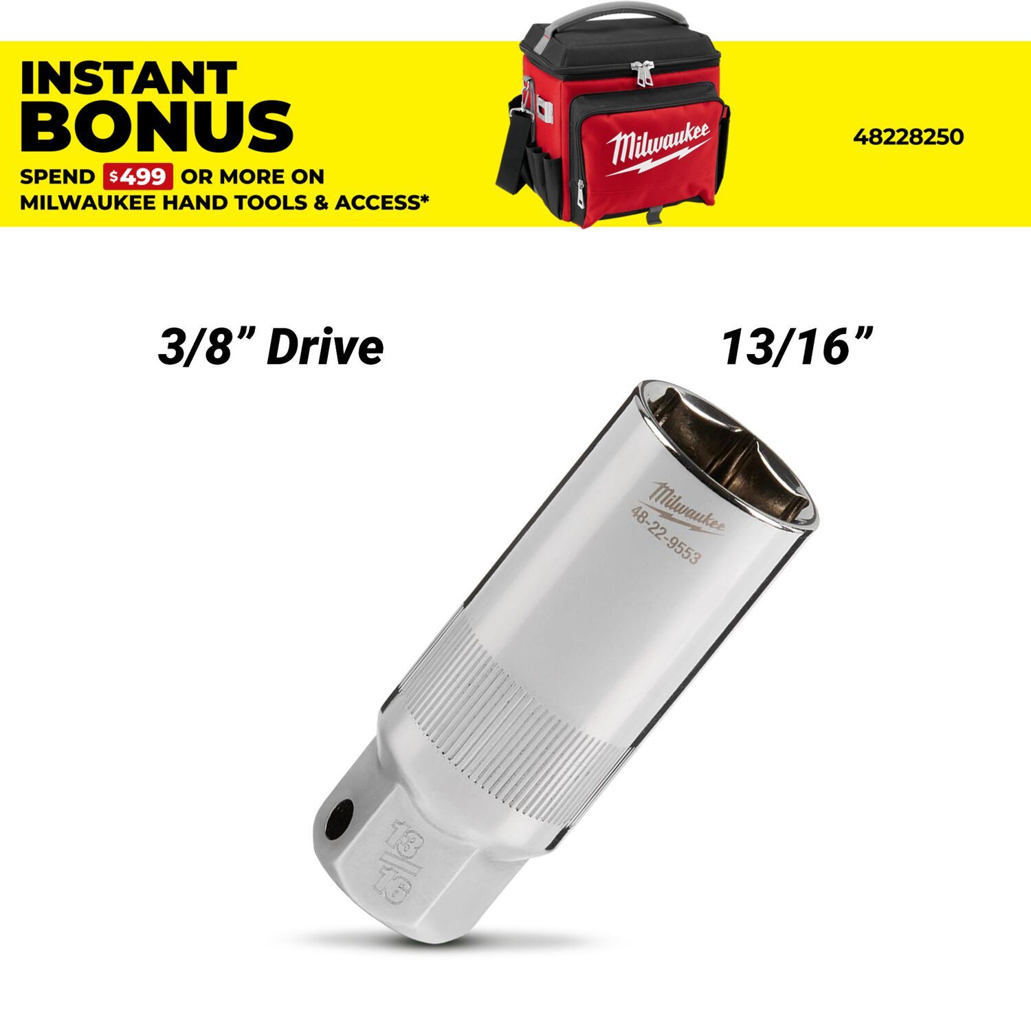 Milwaukee 48229553 3/8” Drive 13/16” 6 Point Spark Plug Socket – image 1