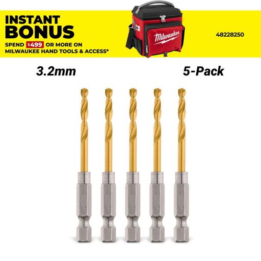 Milwaukee 48894906 5-Pack 3.2mm SHOCKWAVE Red Helix Titanium Drill Bit