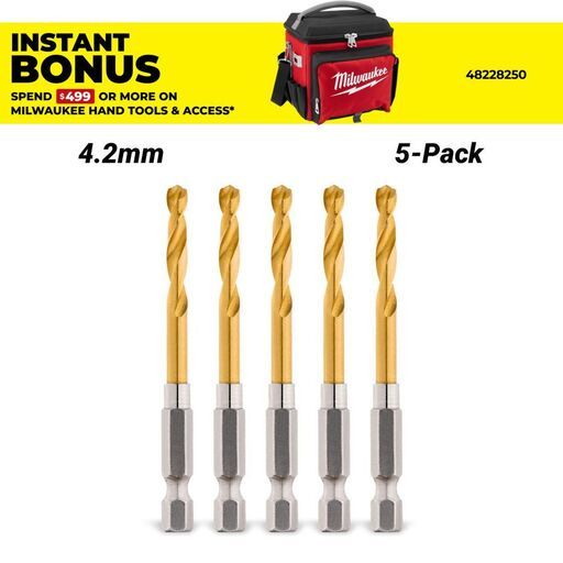 Milwaukee 48894909 5-Pack 4.2mm SHOCKWAVE Red Helix Titanium Drill Bit