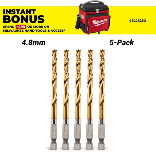 Milwaukee 48894911 5-Pack 4.8mm SHOCKWAVE Red Helix Titanium Drill Bit