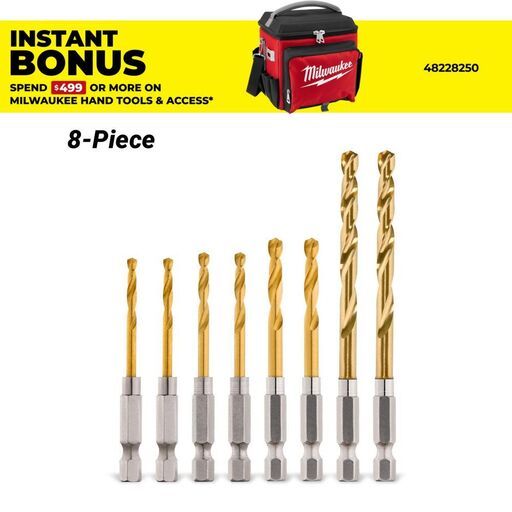 Milwaukee 48894868 8pce SHOCKWAVE Red Helix Titanium Drill Bit Rivet Size Set