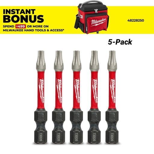 Milwaukee 48324694 5-Pack 50mm (2") TXB020 SHOCKWAVE Power Bit Security Torx
