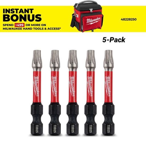Milwaukee 48324696 5-Pack 50mm (2") TXB025 SHOCKWAVE Power Bit Security Torx