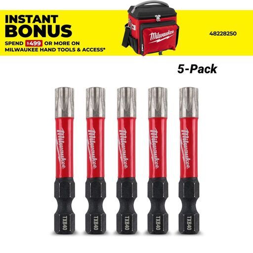 Milwaukee 48324699 5-Pack 50mm (2") TXB040 SHOCKWAVE Power Bit Security Torx
