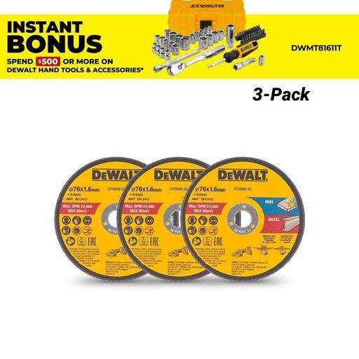 DeWalt DT20592-QZ 3-Pack 75mm (3") Bonded Abrasive Metal Cutting Discs