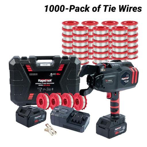 RAPIDTOOL TWG-1000B 18V 4.0Ah Li-ion Cordless Brushless 30mm - 60mm Rebar Tying Machine Combo Kit with 1000-Pack Galvanised Steel Tie Wire