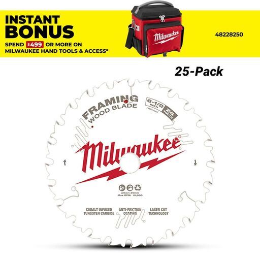 Milwaukee 48401625 25-Pack 165mm (6-1/2") 24T Framing Contractor Wood Circular Saw Blade 