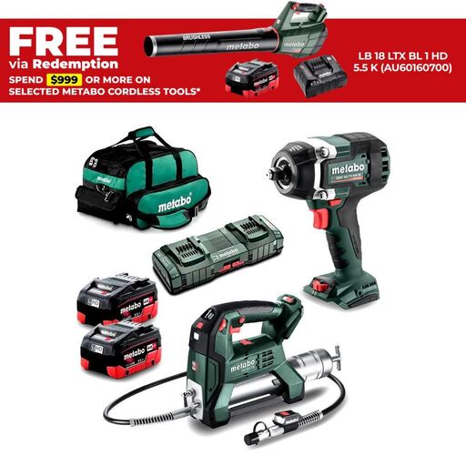 Metabo MET18MX2SB2HD5.5FA (AU68205450) 18V 2 x 5.5Ah Li-on Cordless Brushless Impact Wrench & Grease Gun 2pce Combo Kit