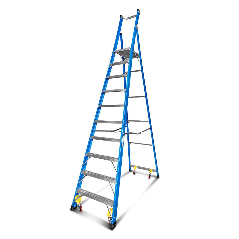 Climbrite CSTEP10 3.0m 10-Step Fibreglass Platform Ladder On Wheels – image 1