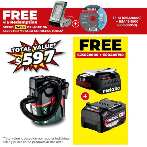 Metabo AS18LPCCOMPACT (602028850) 18V Li-ion 6L Compact Cordless Vacuum Cleaner - Skin Only