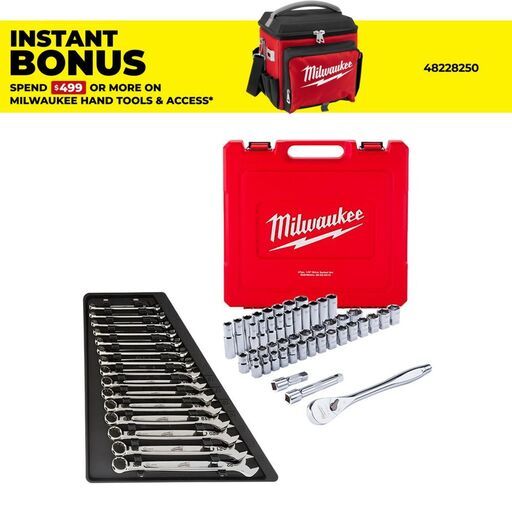 Milwaukee 48229010BO 47pce 1/2" Drive SAE & Metric Socket Wrench Set + 15pce Metric Combination Wrench Set