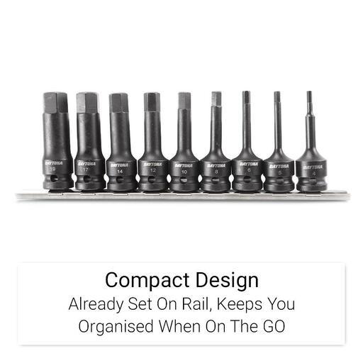 Daytona DHIS9 9pce 1/2" H4-H19 Metric Hex Impact Socket Bit Set On Rail – image 3