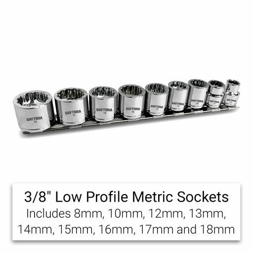 Daytona DSS938 9pce 3/8" Low Profile 8-18mm Metric Stubby Sockets On Rail – image 2